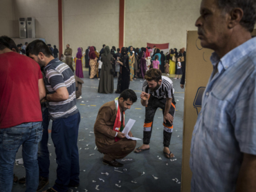 People vote in a referendum on independence, in a sports hall set up at a voting center in Irbil, Iraq, Sept. 25, 2017. Kurds across northern Iraq lined up Monday to vote in a referendum on whether to seek independence for an autonomous Kurdish region that has yearned for nationhood for more than a century.  Officials said results would be announced within 72 hours. But Iraq considers the vote illegal, and Iran and Turkey are also opposed. (Ivor Prickett/The New York Times)