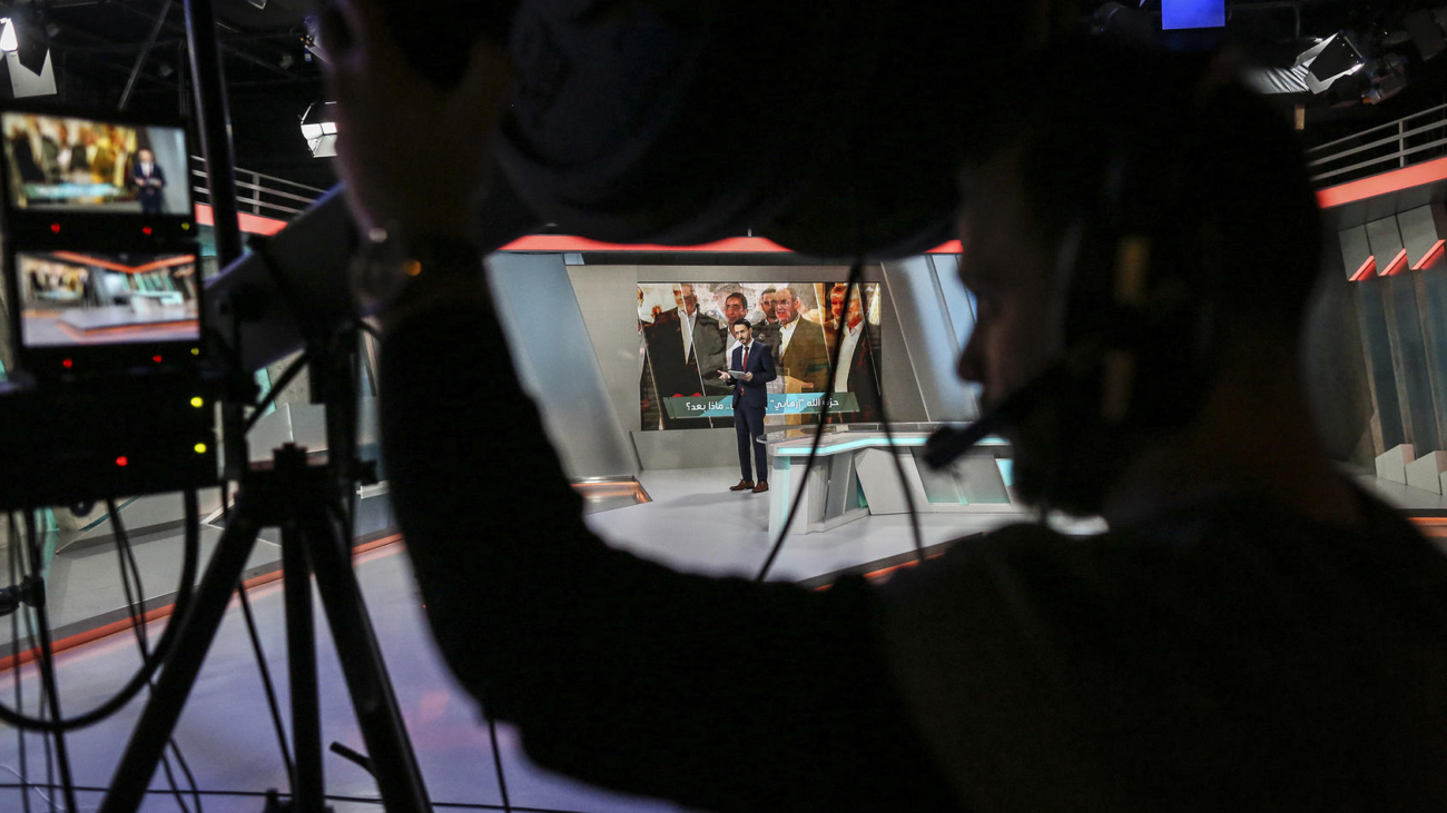 A Syrian TV news program broadcasting from Istanbul, Feb. 25, 2019. Istanbul has become the hub for dissidents from around the Arab world, who broadcast opposing views back into their homelands. At the same time, many local Turkish journalists remain jailed. (Tara Todras-Whitehill/The New York Times)