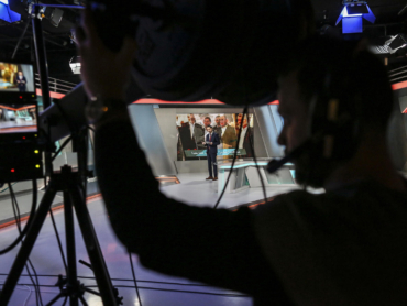 A Syrian TV news program broadcasting from Istanbul, Feb. 25, 2019. Istanbul has become the hub for dissidents from around the Arab world, who broadcast opposing views back into their homelands. At the same time, many local Turkish journalists remain jailed. (Tara Todras-Whitehill/The New York Times)