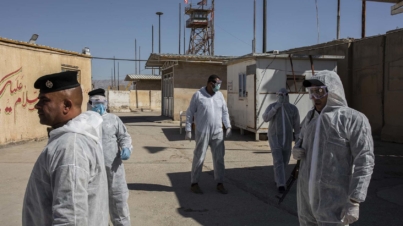 Iraqi border police at the Zurbatiya border crossing with Iran, Monday, March 9, 2020. Most Iranians have been banned from entering Iraq for the last three weeks and on Sunday, Iraq will temporarily shut all land border crossings outside of Iraqi Kurdistan for two weeks. (Ivor Prickett/The New York Times)