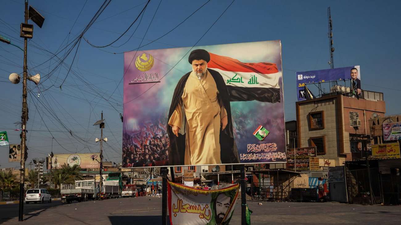 FILE Ñ A poster of the Shiite cleric Moktada al-Sadr in the Sadr City neighborhood of Baghdad, Sept. 30, 2021. Iraqis voted Sunday, Oct. 10, in parliamentary elections meant to herald sweeping change to a dysfunctional political system that has dragged the country through almost two decades of deprivation. (Andrea DiCenzo/The New York Times)